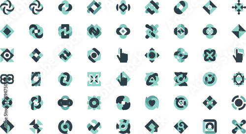 Abstract geometric logo icons set with modern branding elements, corporate identity symbols, and minimalist tech shapes in flat duo-tone style.