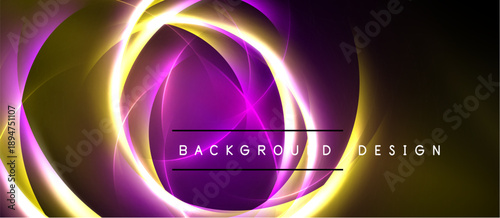 Abstract luminous swirls, purple, gold hues dominate. Dark background enhances vibrant energy, modern design element.