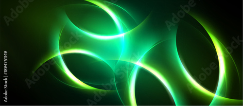Abstract green energy flows, luminous curves, dark background. Dynamic composition creates vibrant visual impact.