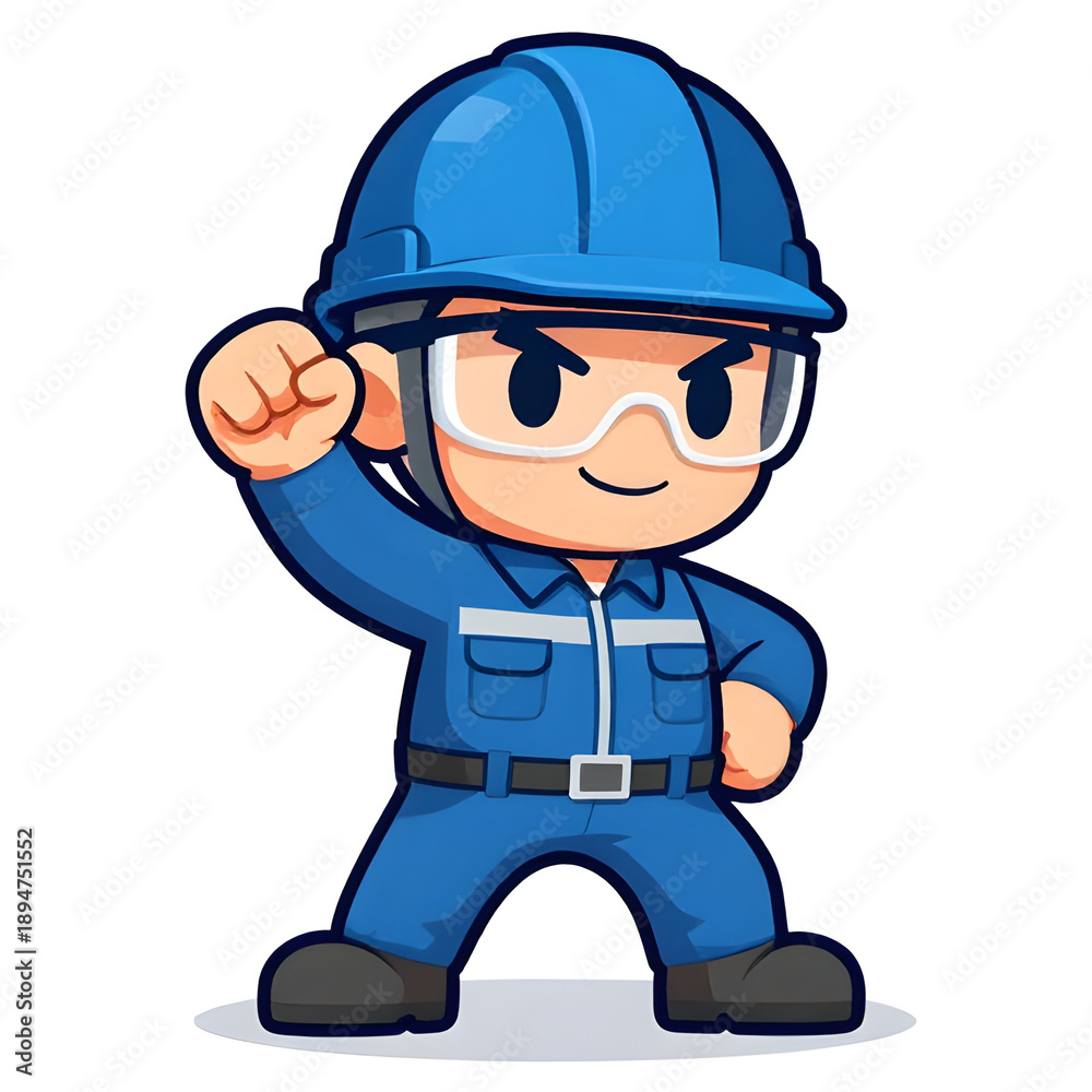 Obraz premium Cartoon CHIBI style construction worker. Active working posture. Ideal icon for logo, badge, branding, company mascot.