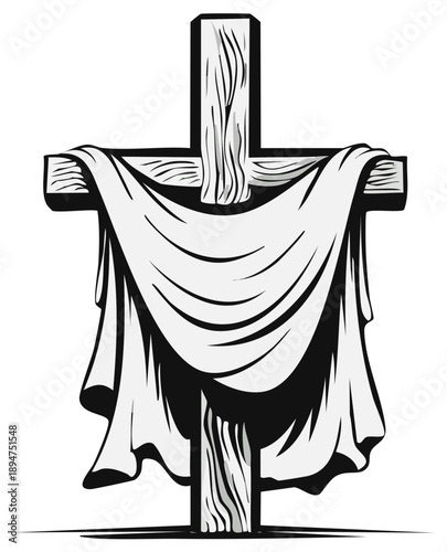 Wooden cross draped with fabric, symbol of faith and resurrection