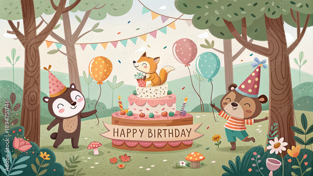 Fototapeta premium forest animals celebrating birthday with cake and balloons