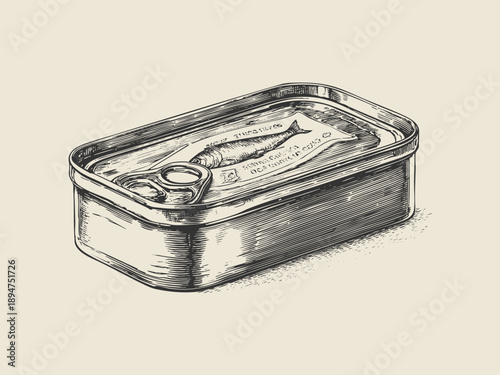 Antique vector engraving illustration of a sardine can with a classic nautical character. Timeless seafood artwork ideal for coastal decor, maritime branding, posters, and wall art. 