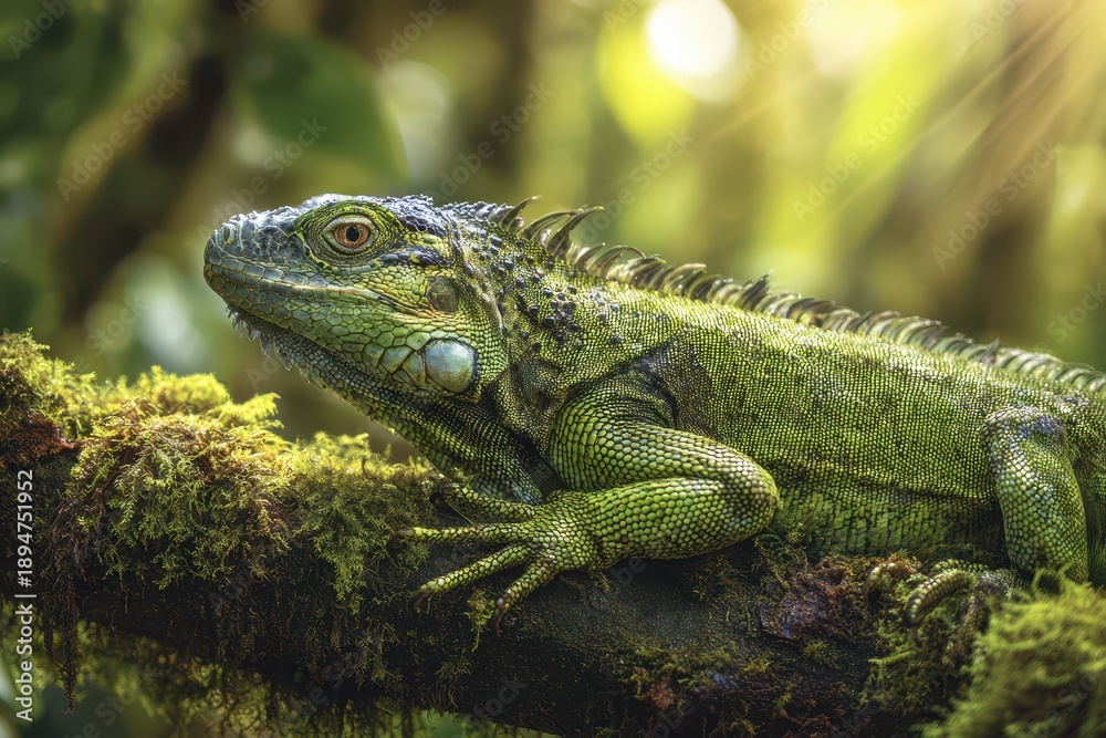 Naklejka premium Emerald iguana perched among lush foliage with textured scales in warm jungle light