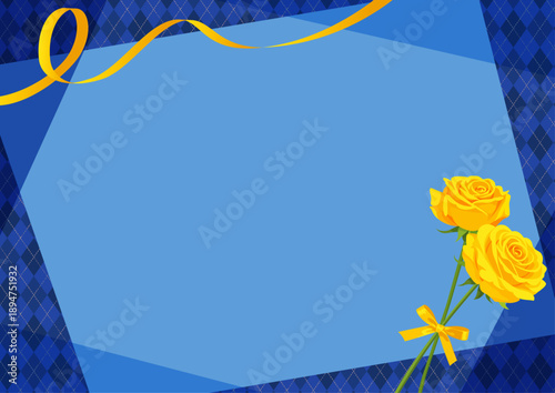 Father's Day greeting card template. Yellow roses and ribbon frame on blue argyle pattern background.
