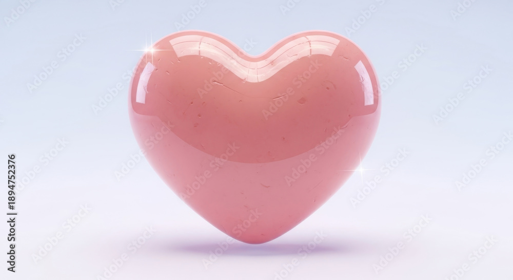 Obraz premium Glossy 3D pink heart icon with shiny highlights and a smooth reflective surface isolated on a soft light blue and lavender gradient background