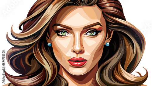 Very beautiful close-up portrait of an American woman with modern glam makeup, perfectly styled hair, expressive eyes, and smooth complexion, isolated on white background, reflecting confidence and co