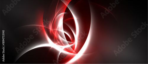 Abstract design features swirling red, white lines against dark background. Dynamic composition evokes energy, movement, modern aesthetic.