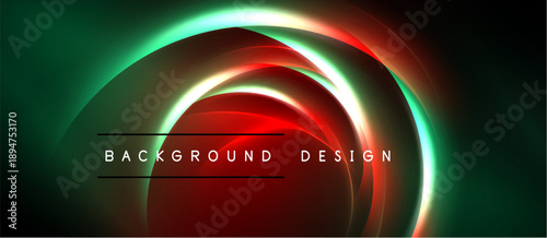 Abstract design features vibrant glowing circles. Red, green, orange hues blend into dark background. Text reads background design.
