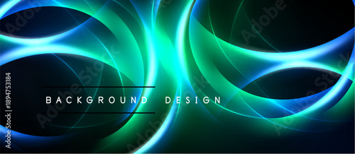 Abstract neon lines create dynamic swirling patterns. Dark background emphasizes bright turquoise, green glows. Modern design element.