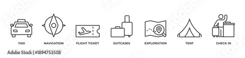Complete Travel Journey Icons set vector illustration outline with Taxi, Navigation, Flight ticket, Suitcases, Exploration, Tent, Check in