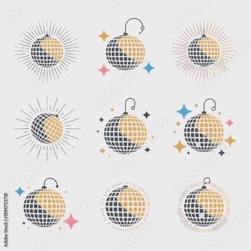 Set of Sleek Vector Disco Ball Icons with Retro Sunbursts and Sparkles