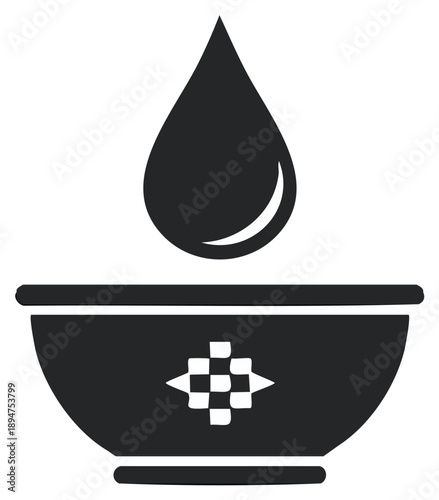 Droplet hovering above an ornate bowl, simple black and white vector graphic element.