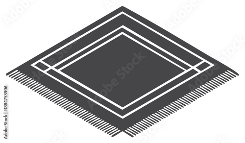 Dark Gray Blanket or Rug with White Geometric Pattern and Fringe Detail