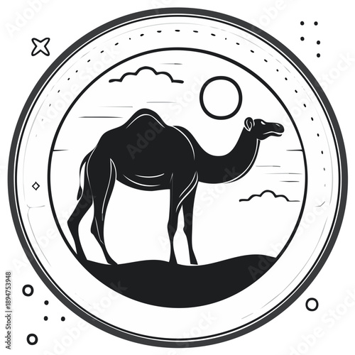 Desert Caravan Silhouette Camel Under Sun in Circular Frame
