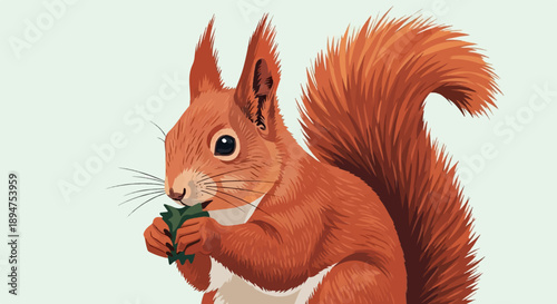 Fluffy-tailed squirrel nibbles on a green leaf in front of a pale background