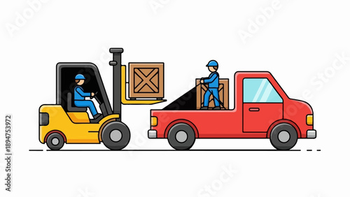 Forklift loading a crate onto a red truck bed while a worker supervises