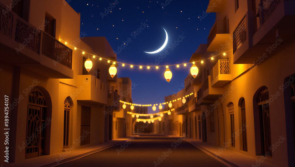 Fototapeta premium Illuminated medieval architecture lines a historic old town street at night capturing the ancient urban charm and cathedral landmarks of Jerusalem Cordoba, and Prague under a dark sky Start of Ramadan