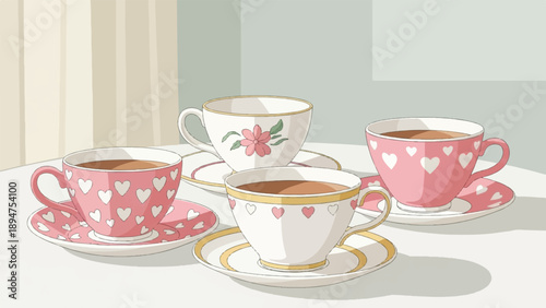 Four delightful teacups, two pink with hearts, two white with floral and heart patterns