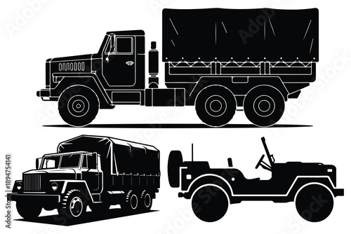 Black and White Military Trucks and Cargo Vehicle Line