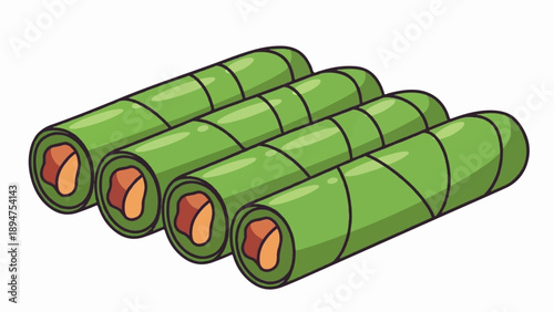 Four green sushi rolls with orange filling arranged in a row