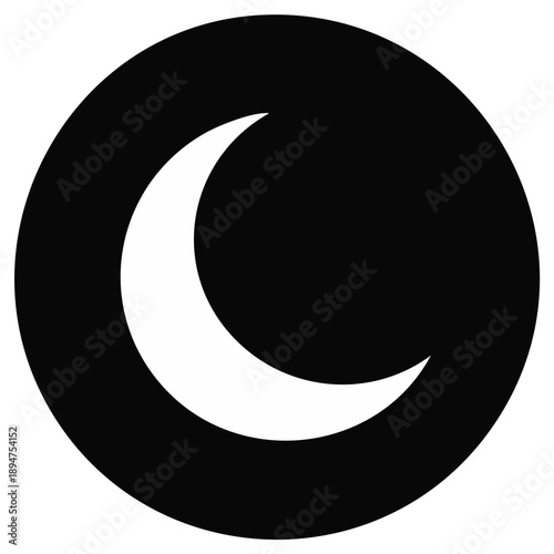 Abstract Crescent Moon Icon in Black Circle Simple Geometric Symbol for Night