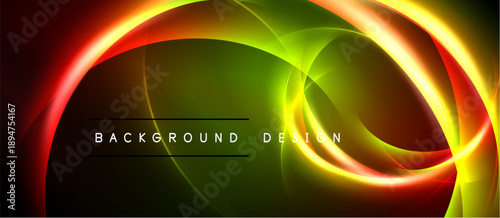 Abstract vibrant design features flowing curves, bright colors. Background includes red, green, yellow hues, dynamic energy.