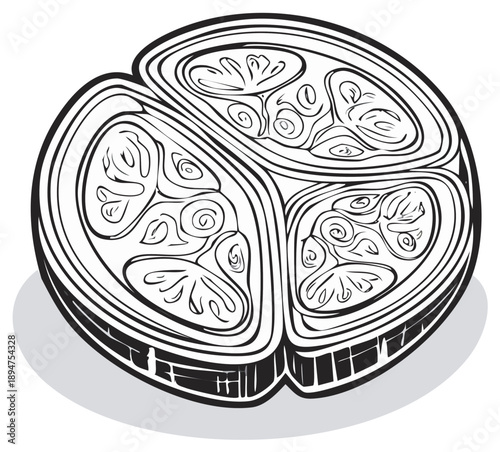 Cross-section illustration of a tomato depicting its internal structure in black and white.