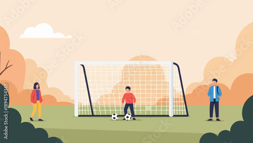 Flat illustration of three people playing soccer with a goal and two soccer balls on a field
