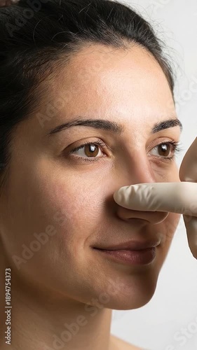 Rhinoplasty Before and After Animation: Doctor's Blue Gloved Hand Touching Crooked Nose vs Perfect Profile in Split Screen