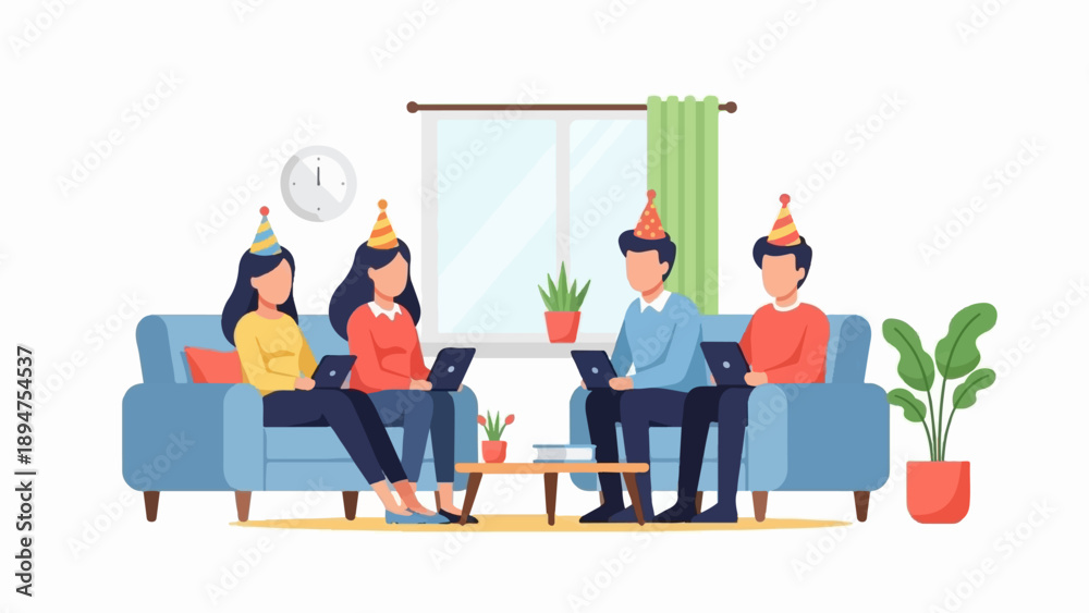 Fototapeta premium Four people in party hats sit on couches with laptops