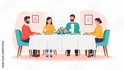 Four people in formal attire dining together at a decorated table