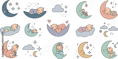 Cute Sleeping Baby Vector Set on Crescent Moon with Stars, Clouds, Night Sky, Pastel Nursery and Dreamy Bedtime Elements