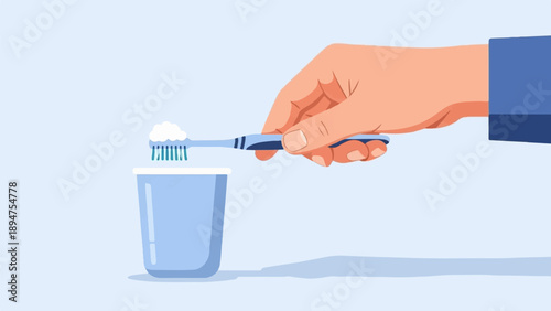 Hand holding a toothbrush with toothpaste over a cup