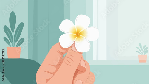 Hand holding a white, five-petaled flower with a yellow center, in a room
