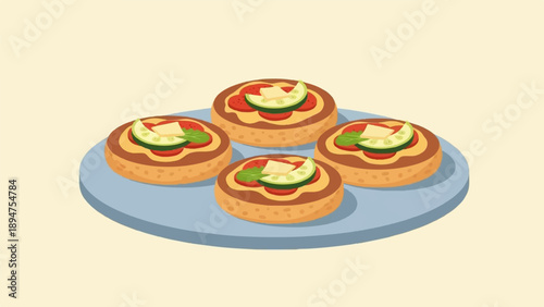 Four small round open-faced sandwiches with toppings on a blue platter