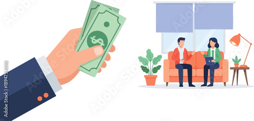 Hand offers money, two people converse on couch with laptop and lamp