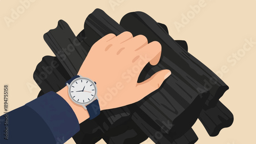 Hand with a watch rests on a pile of charcoal