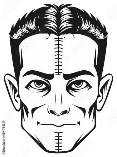 Monster face illustration, classic comic style, black and white portrait, stitched forehead