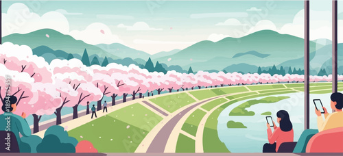 Gentle river flows past cherry trees with distant hills and people viewing scene