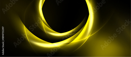 Abstract golden swirls dominate black background. Smooth curves create dynamic, elegant visual impact. Light radiates from center.