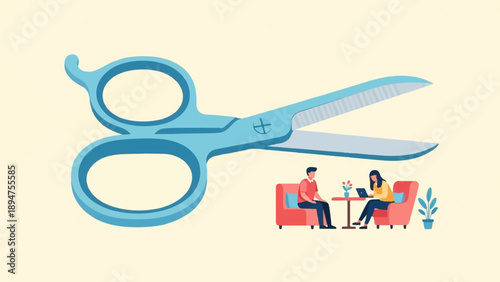 Giant scissors loom over two people in a cafe