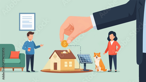 Hand adds coin to house-shaped bank with solar panel, people and dog nearby