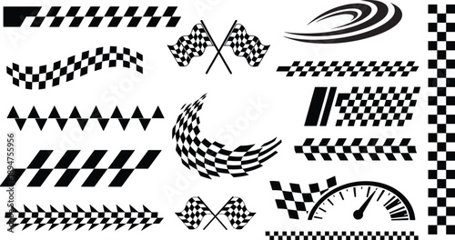 Dynamic racing flag checkered stripe illustration, isolated on white. Transparent PNG, SVG, vector element icon set for speed and finish line design