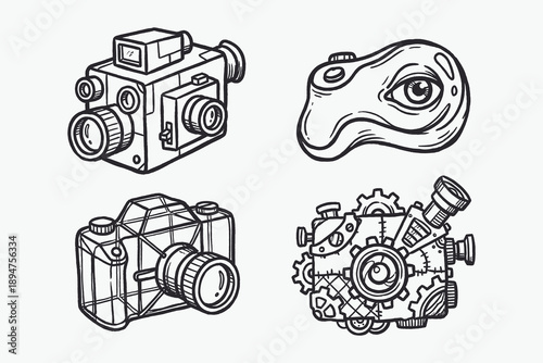 Steampunk, Abstract Vision, and Vintage Camera Doodles Line Art Set