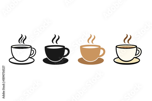 Minimal vector illustration set of four steaming coffee cups on saucers in different color styles, representing hot beverages and cafe icons