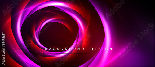 Abstract swirling lights create dynamic visual effect. Pink, red hues dominate dark background. Text reads background design.