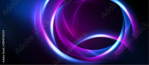 Abstract design features vibrant circular shapes. Blue, purple, white hues blend into dark background. Modern, dynamic composition.