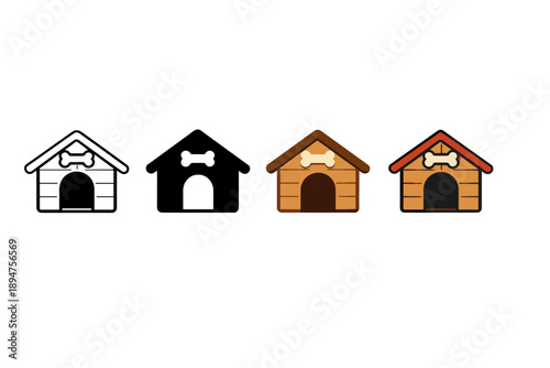Set of four doghouse icons in outline and filled styles, featuring bone sign above entrance in black, brown, and orange variations