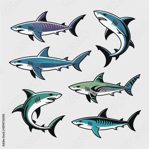 Set of shark mascot illustrations, predatory fish vector icons for logos, sports branding, and apparel design